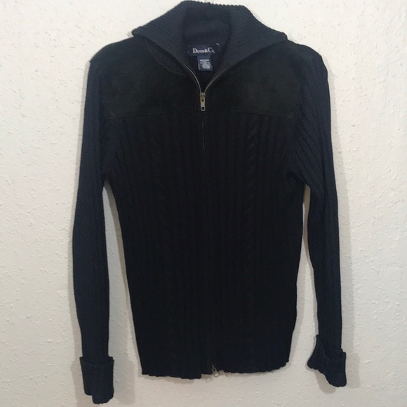 Denim & Co Black Zippers Front Black Cable Knit and Suede Cardigan Sweater - Picture 1 of 11